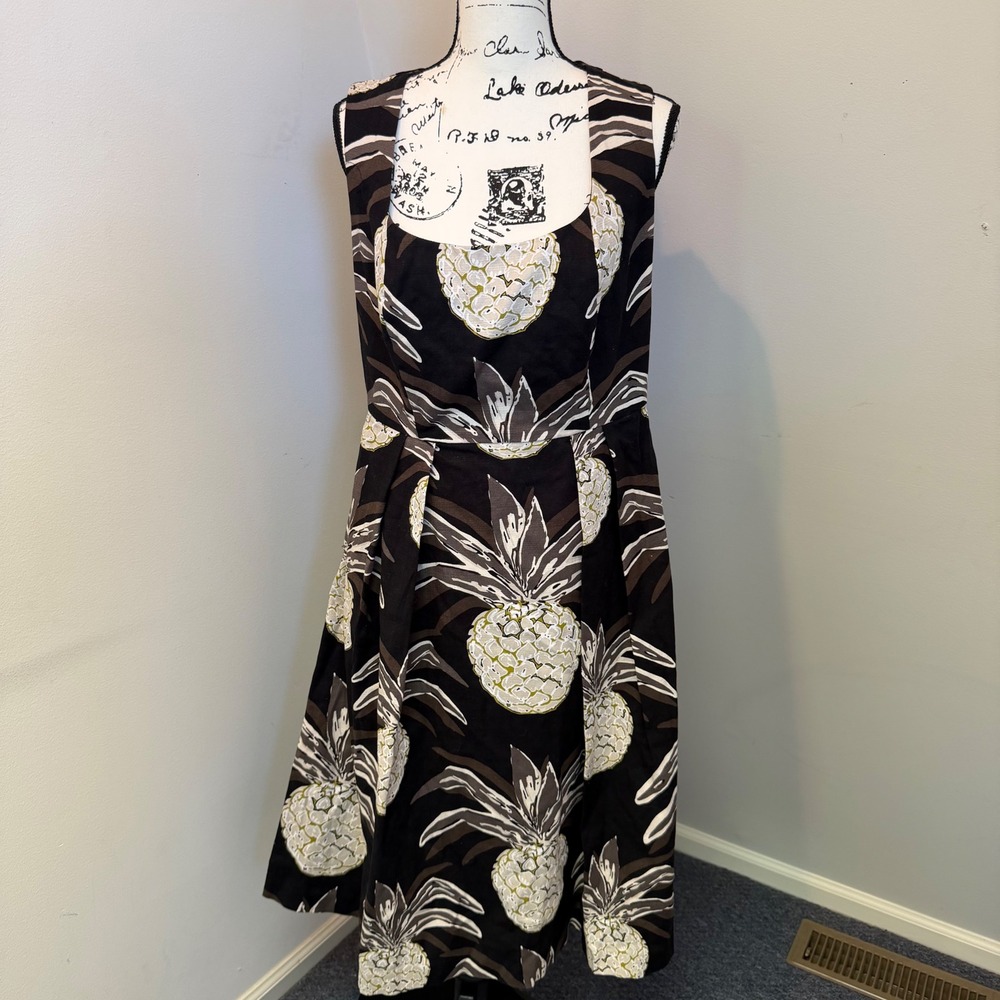 Eva Mendes New York & Company Pineapple Print Dress Black Brown Cotton Midi 8
